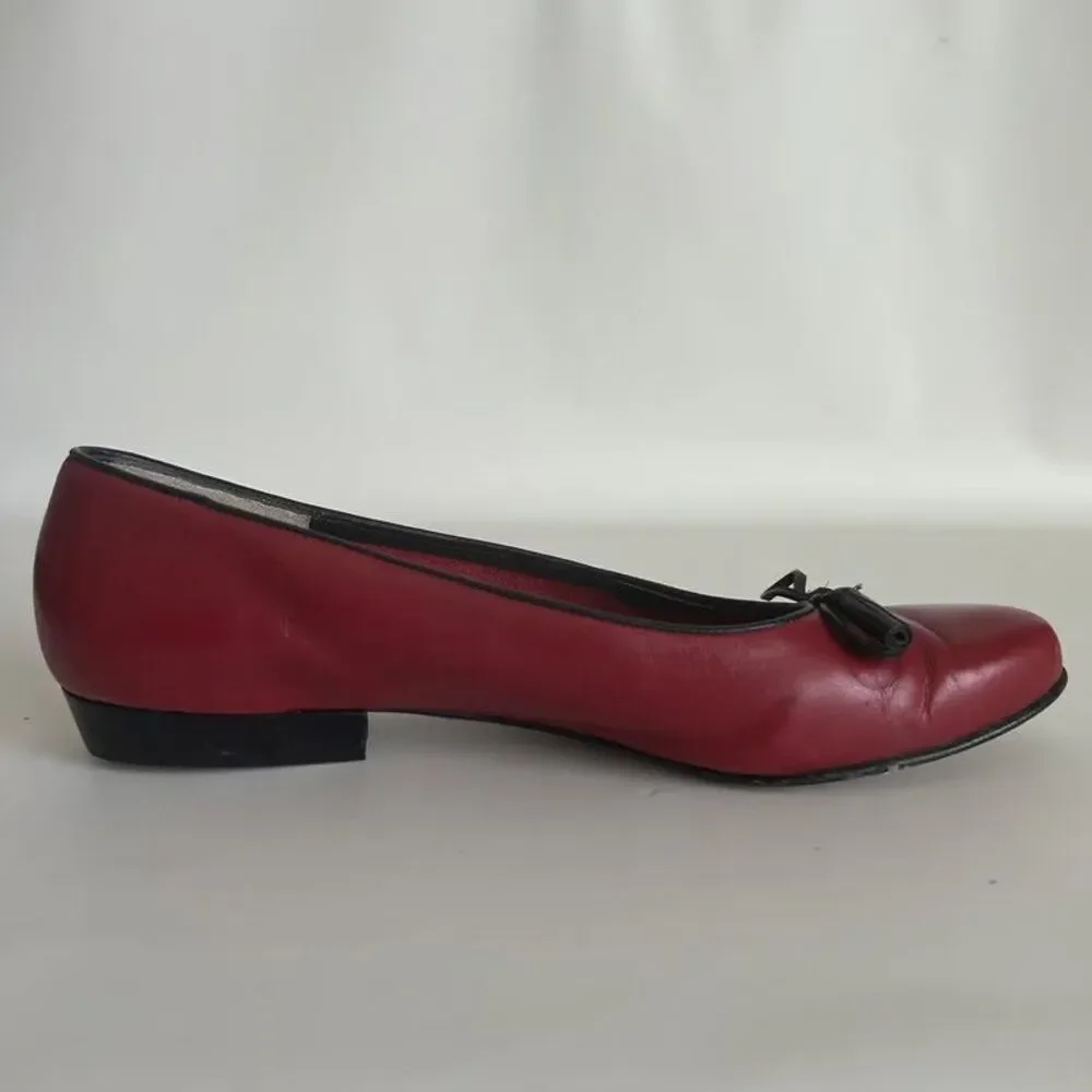 Salvatore Ferragamo Boutique Red Leather Bow Flats Shoes Womens Size 5.5 B Italy